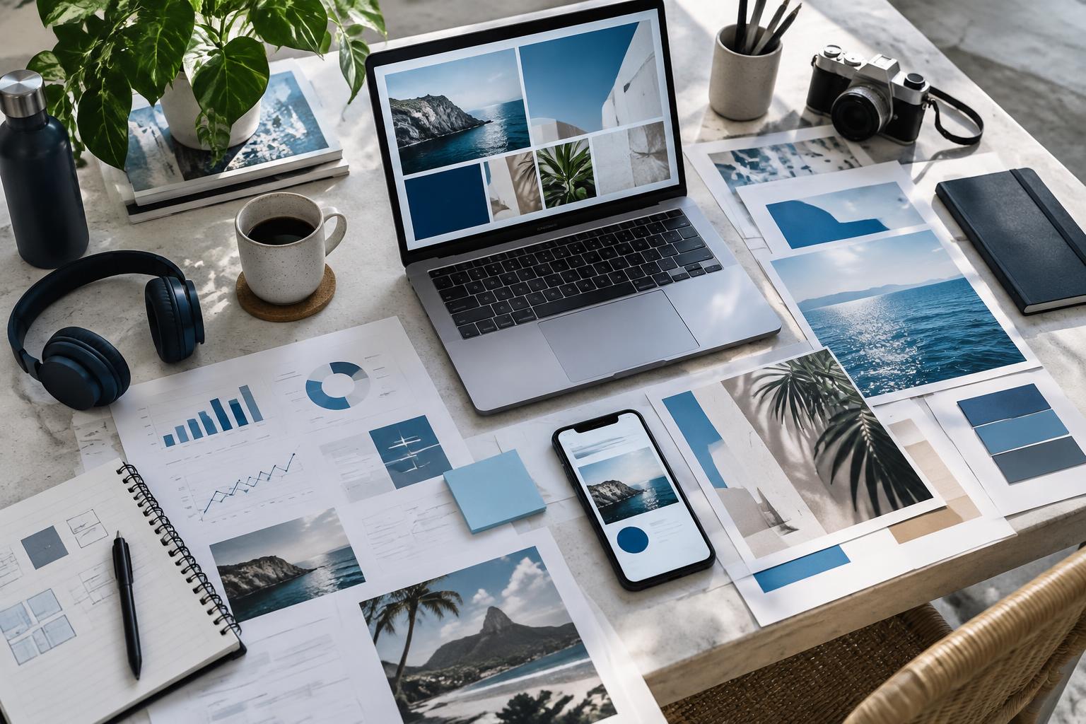 Mesa de trabalho com estratégia, criação, mídia e tecnologia em processo